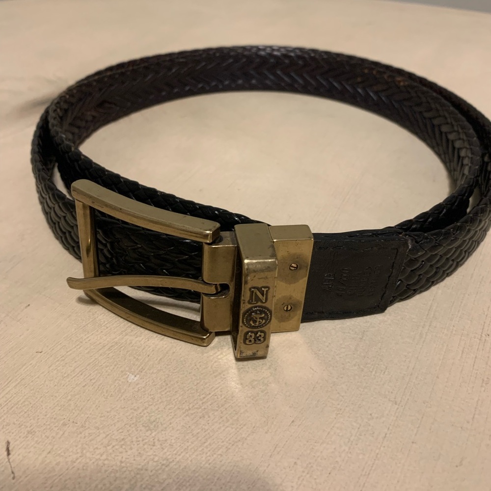 Nautical Black Braided Leather Belt with Brass Buckle
Size 44 Length is 52